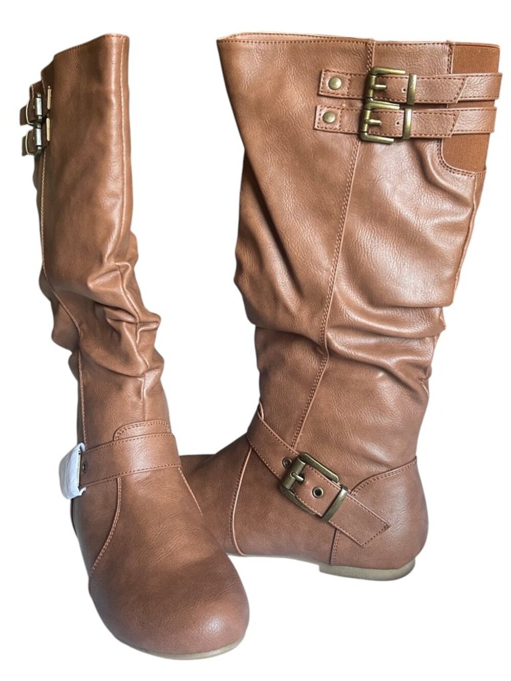 Top Moda Night-78 Tan Slouch Calf-Length Riding Moto Boots